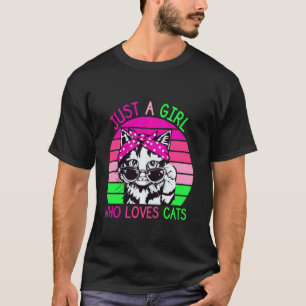 Cute Cat wearing Sunglasses and Headband Pink Gree T-Shirt