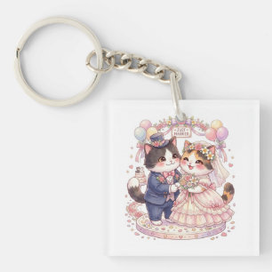 Cute Cat Wedding Just Married Couple Kawaii Bridal Key Ring