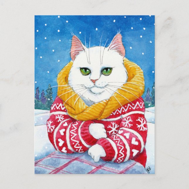 Cute cat white Christmas Maine Coon postcard (Front)