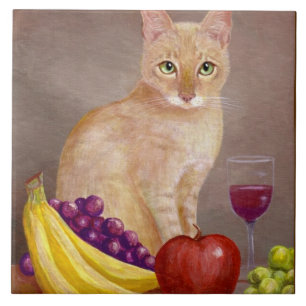 Cute Cat Wine Grapes Apple Bananas Creationarts Tile