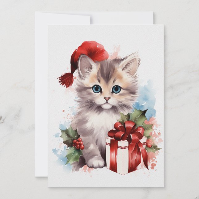 Cute Cat Winter Christmas Watercolor Invitation (Front)