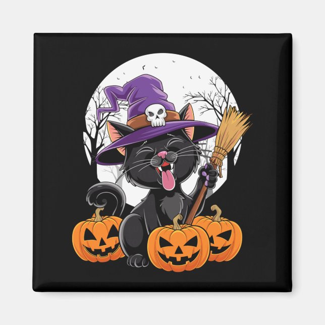 Cute Cat Witch Halloween Pumpkin Black Cat Magnet (Front)