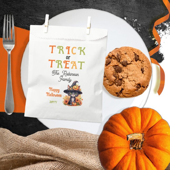 Cute Cat Witch Hat Photo Trick or Treat Halloween Favour Bags (Cute Black Cat in a Witches Hat "Trick or Treat" "Happy Halloween" Treat Favor Bags)