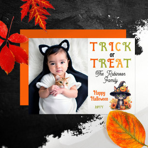 Cute Cat Witch Hat Photo Trick or Treat Halloween Holiday Card