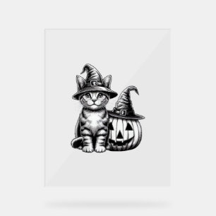 Cute Cat Witch Hat Pumpkin Halloween Cat Lover Boy Acrylic Sign