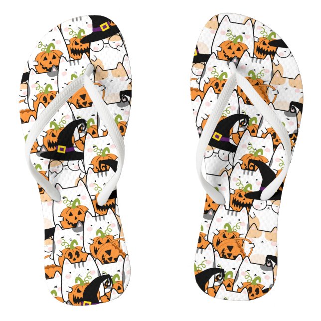 Cute Cat Witch Holding Bumkin Halloween Jandals (Footbed)