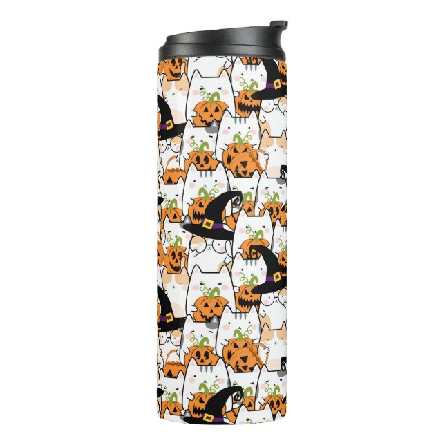 Cute Cat Witch Holding Bumkin Halloween Thermal Tumbler (Rotated Left)