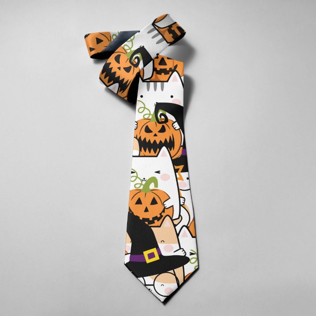 Cute Cat Witch Holding Bumkin Halloween Tie (Creator Uploaded)
