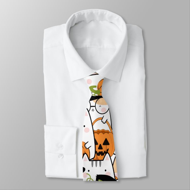 Cute Cat Witch Holding Bumkin Halloween Tie (Tied)