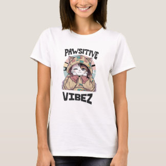 Cute Cat with a Hoodie: 'PAWSITIVE VIBEZ design T-Shirt