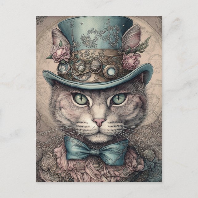 Cute Cat With a Steampunk Tophat Postcard (Front)