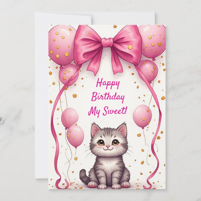 Cute Cat With Balloons For Birthday 🎀 (Front)