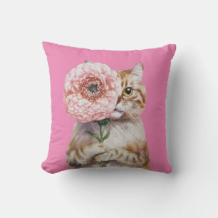 Cute Cat with Big Flower  Adorable Ginger Cat Cushion