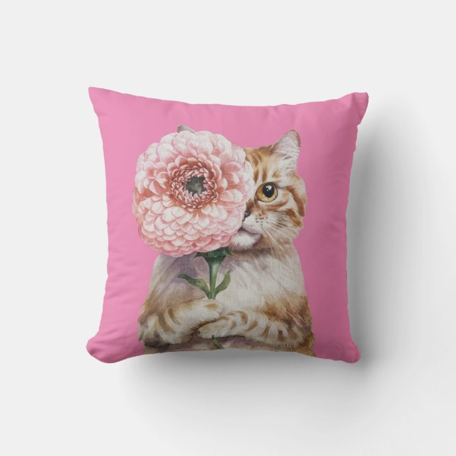 Cute Cat with Big Flower| Adorable Ginger Cat Cushion (Front)