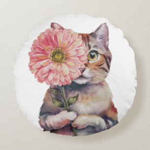 Cute Cat with Big Flower  Adorable Siamese Cat Round Cushion
