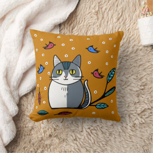 Cute cat with birds cushion