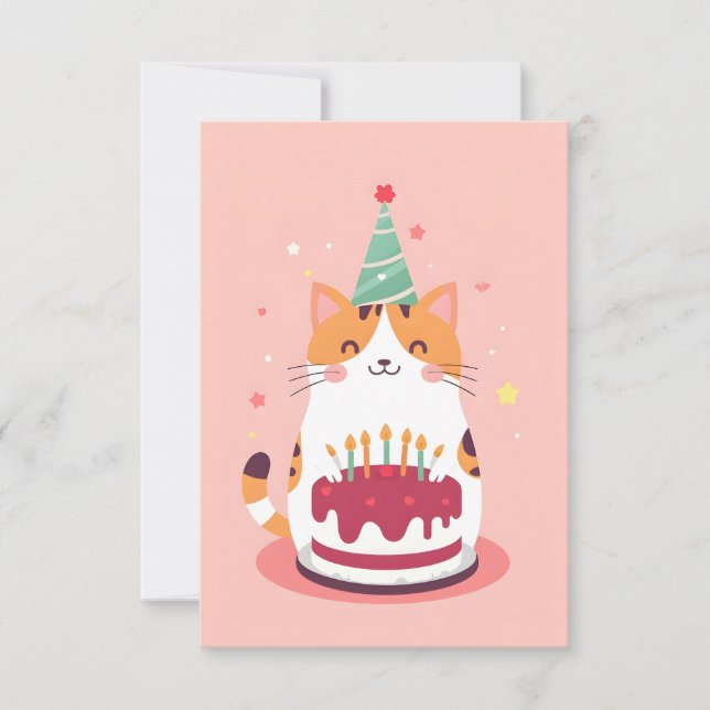 Cute cat with birthday cake card (Front)