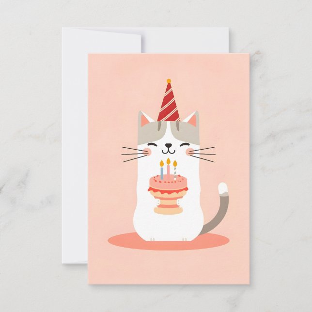 Cute cat with birthday cake card (Front)