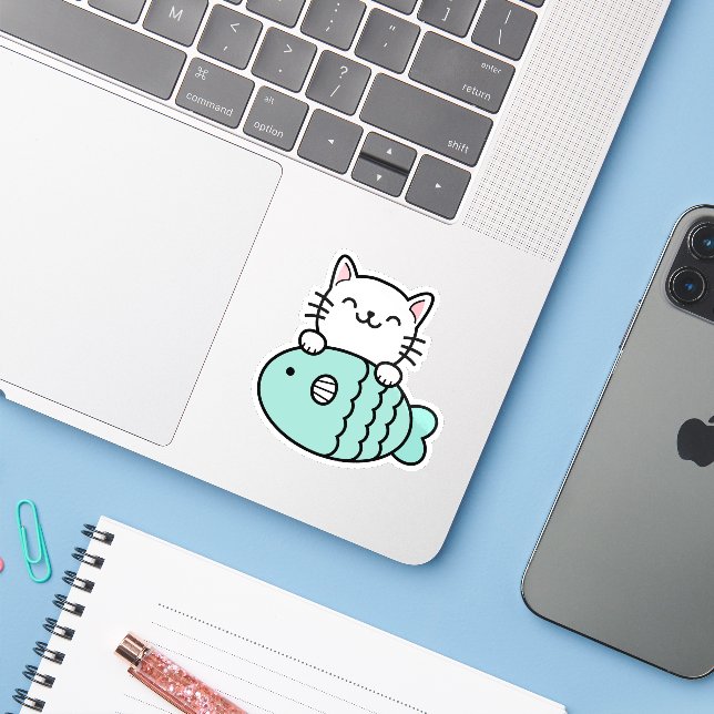 Cute Cat with  Blue Fish (Laptop w/ iPhone)