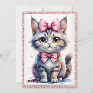 Cute cat with bow happy birthday invitation