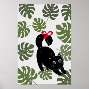 Cute Cat With Bow Monstera Leaves Poster