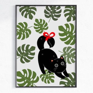Cute Cat With Bow Monstera Leaves Poster