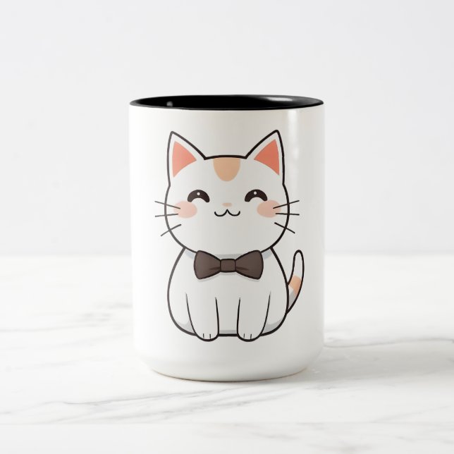 Cute Cat with Bowtie Kawaii Design Two-Tone Coffee Mug (Center)