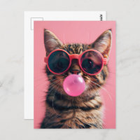 Cute cat with bubble gum, pink, Postcrossing