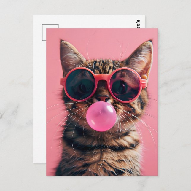 Cute cat with bubble gum, pink, Postcrossing Postcard (Front/Back)