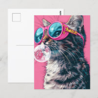 Cute cat with bubble gum, pink, Postcrossing