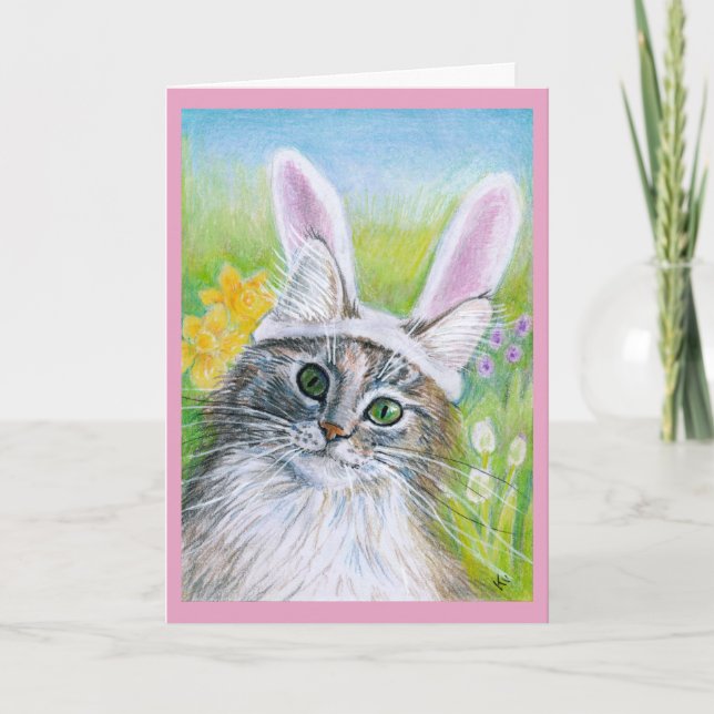 Cute Cat with Bunny Ear Hat Spring Flowers Easter Holiday Card (Front)
