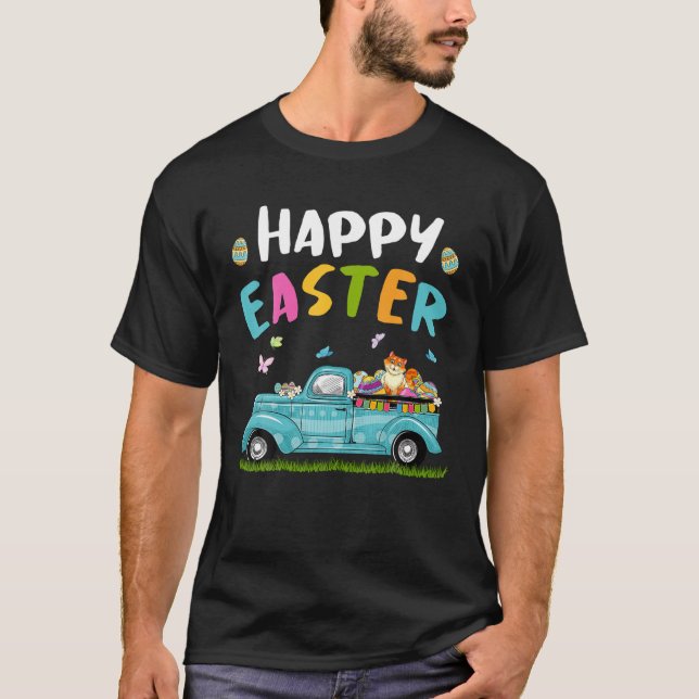 Cute Cat With Bunny Ears Egg Hunting Truck Easter T-Shirt (Front)