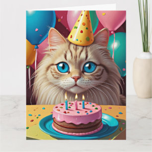 CUTE CAT WITH CAKE BIRTHDAY GREETING CARD