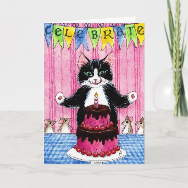 Cute cat with cake birthday greeting card (Front)