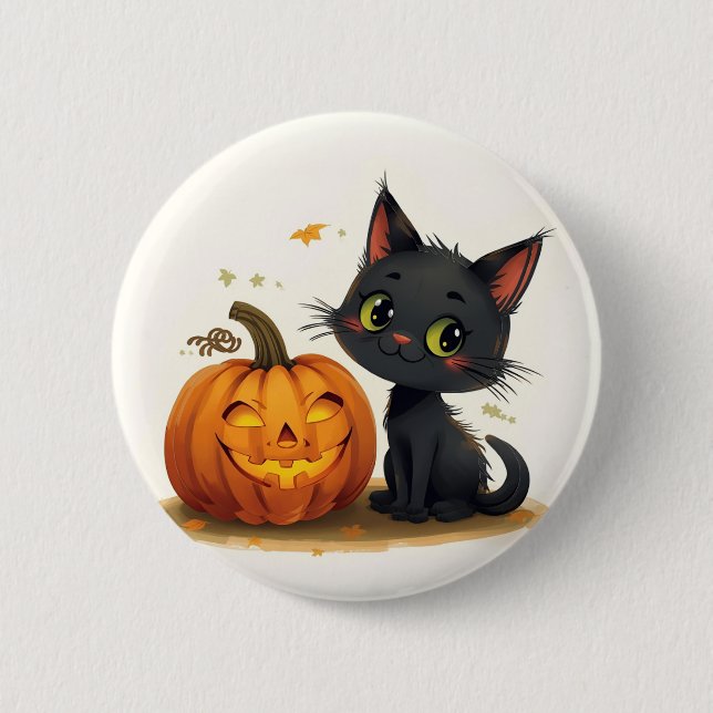Cute Cat with Carved Pumpkin 6 Cm Round Badge (Front)