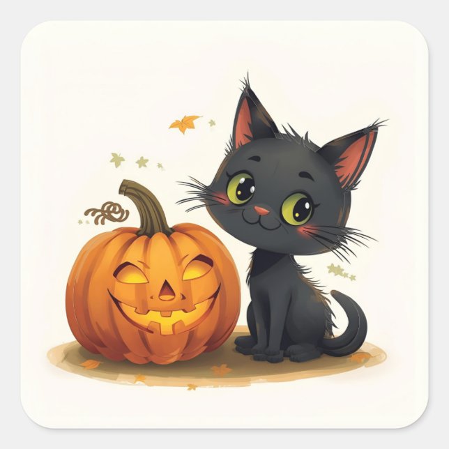 Cute Cat with Carved Pumpkin Square Sticker (Front)