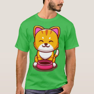 Cute Cat With Cat Bowl Cartoon T-Shirt
