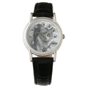 Cute Cat With Cat Tracks Background Women's Watch