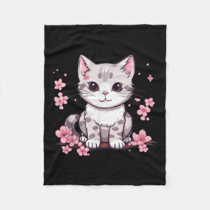 Cute Cat With Cherry Blossoms I Kids Cat Fleece Blanket