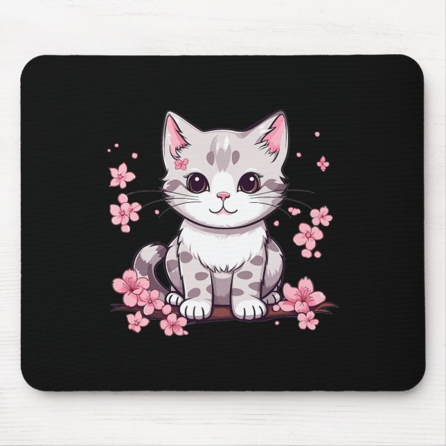 Cute Cat With Cherry Blossoms I Kids Cat  Mouse Pad (Front)