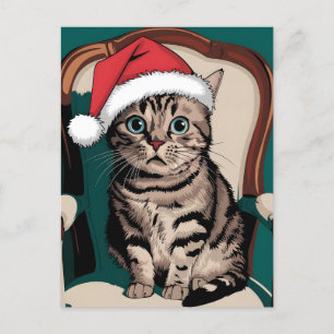 Cute cat with christmas hat holiday postcard