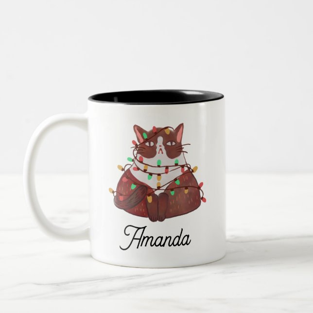 Cute cat with christmas light  Two-Tone coffee mug (Left)