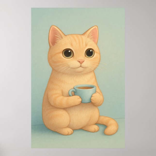 Cute Cat with Coffee Cup – Adorable Pastel Animal Poster (Front)