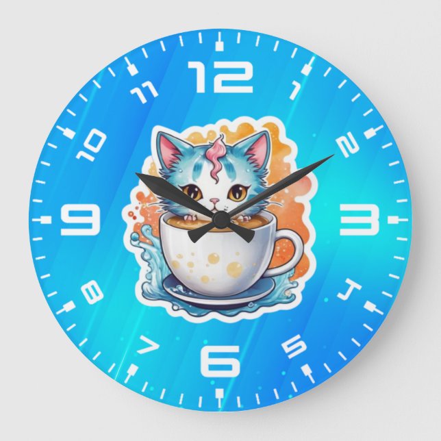 Cute Cat With Coffee Mug Cartoon Design-94678 Large Clock (Front)