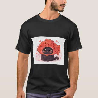 Cute Cat with Fish Hat Illustration T-Shirt