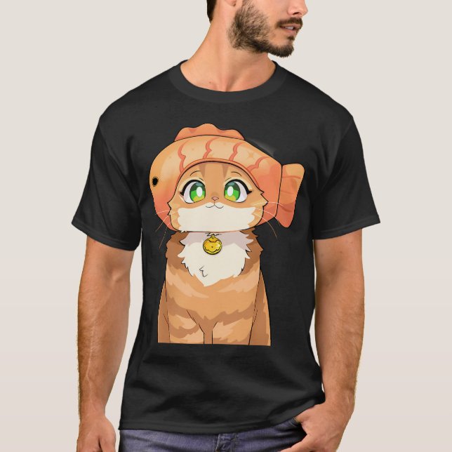 Cute Cat with Fish Hat T-Shirt (Front)