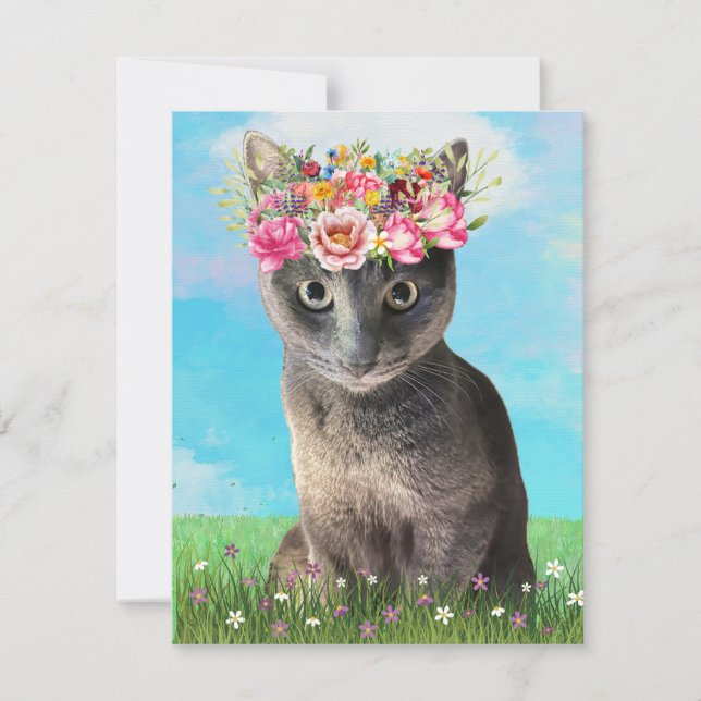 Cute Cat with Floral Crown Greeting Card (Front)