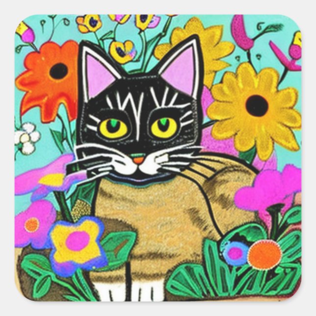  Cute Cat with Flower Folk Art Square Sticker (Front)