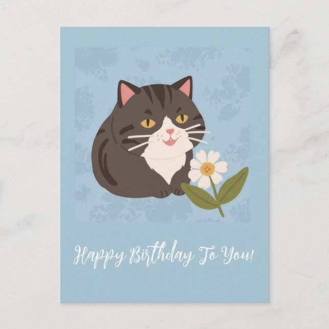 Cute Cat with Flowers Happy Birthday Personalised Holiday Postcard (Front)