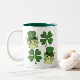 Cute cat with four leaf clover St. Patrick's Day Two-Tone Coffee Mug